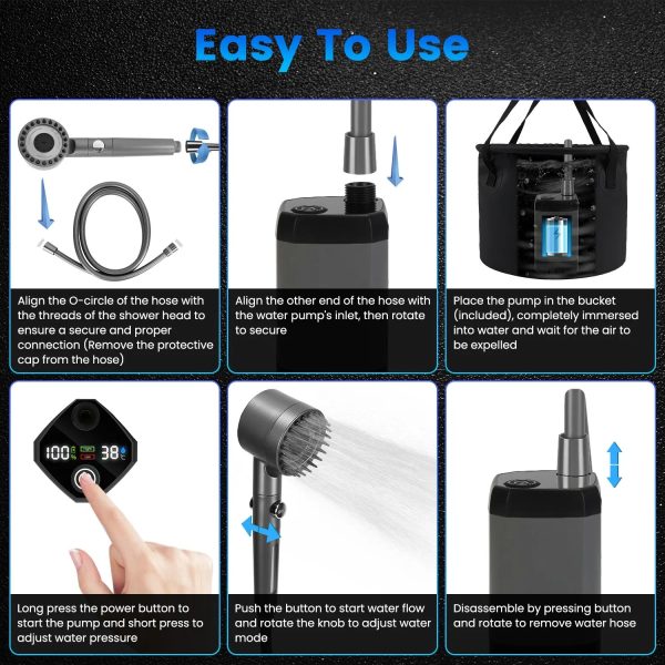 Portable Camping Shower Kit — IPX7 Pump, 6000mAh Battery, LED Temp Readout, 4-Mode Filtered Head + 5.3-Gal Foldable Bucket (GPCT5370) - Image 7