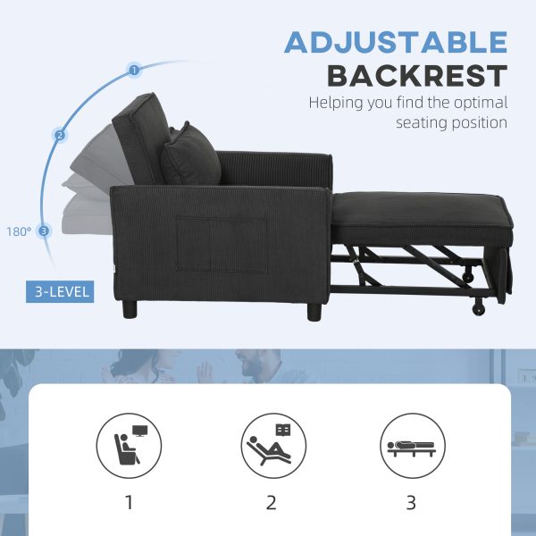 3-in-1 Corduroy Chair Bed — Pull-Out Sleeper (70.9″), 3-Position Back, Pillow & Pockets — Dark Gray - Image 5