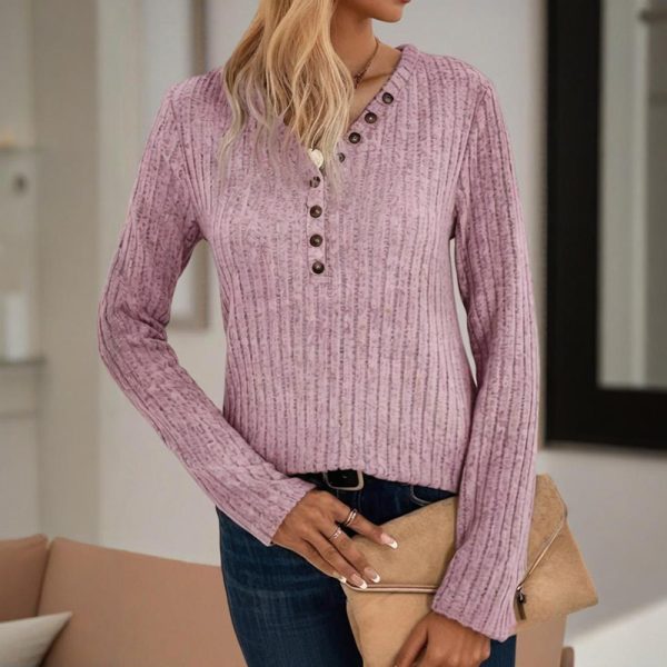 Button V-Neck Long-Sleeve Knit Top — Soft, Breathable, Everyday Comfort - Image 7