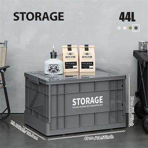 Industrial Foldable Storage Crate with Lid & Wheels — 44L, Stackable, Dark Gray