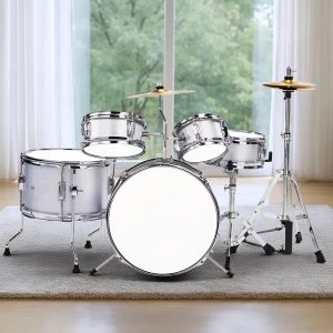 5-Piece Junior Drum Set — Kid-Size Kit w/ Pedal, Stool, Sticks & Drum Key (Silver)