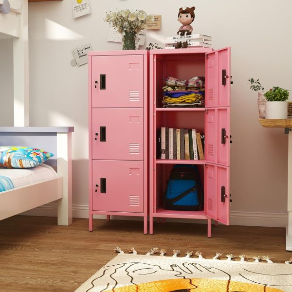 Aobabo 3-Door Steel Locker — Pink, Lockable, Name Card Slots, Metal Legs - Image 6