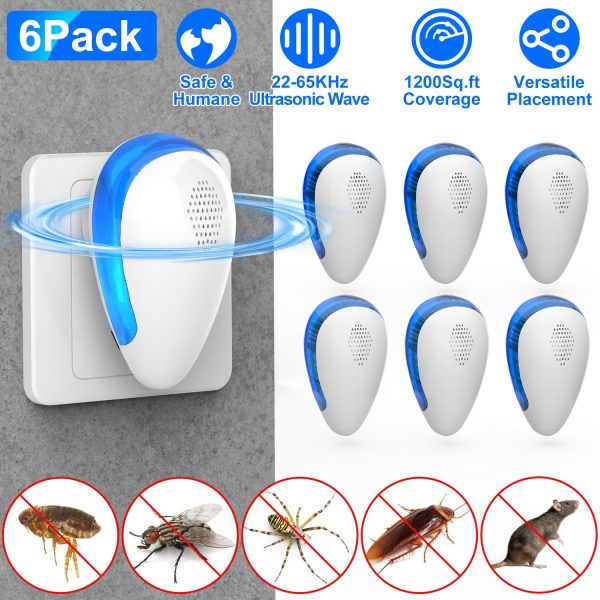 6-Pack Ultrasonic Pest Repellers — 22–65 kHz, Up to 1200 ft² Each, Plug-In, Child/Pet-Safe*