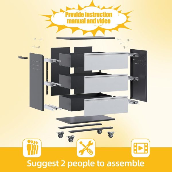 Aobabo 3-Drawer Rolling Tool Cabinet — Steel, Locking Casters, Black/Grey - Image 6