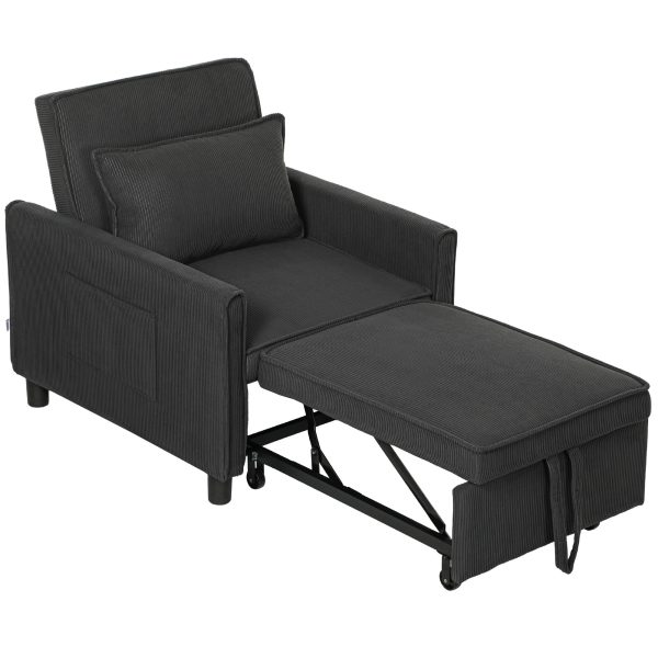 3-in-1 Corduroy Chair Bed — Pull-Out Sleeper (70.9″), 3-Position Back, Pillow & Pockets — Dark Gray - Image 3
