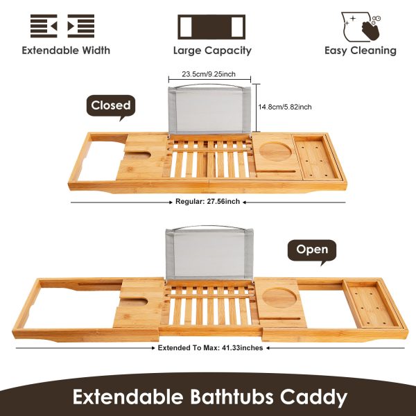 Extendable Bamboo Bath Caddy — Book/Tablet Stand, Phone & Wine Holder (27.6–41.3") - Image 8