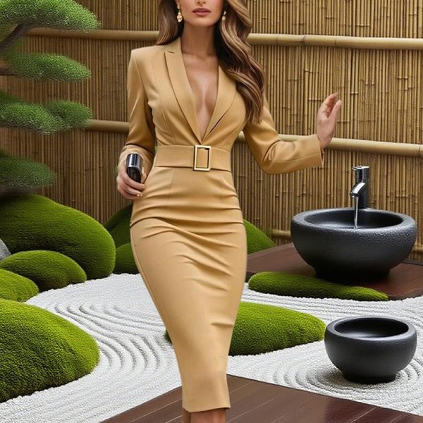 Belted Blazer V-Neck Midi Dress — Slim Fit, Hem Slit, Spring/Fall - Image 8