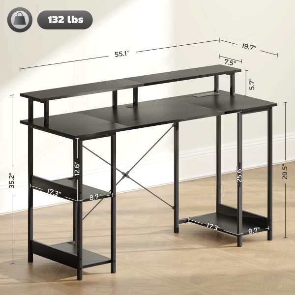 55″ Reversible Computer Desk w/ Power & RGB — Monitor Riser + Shelves (Distressed Black) - Image 3