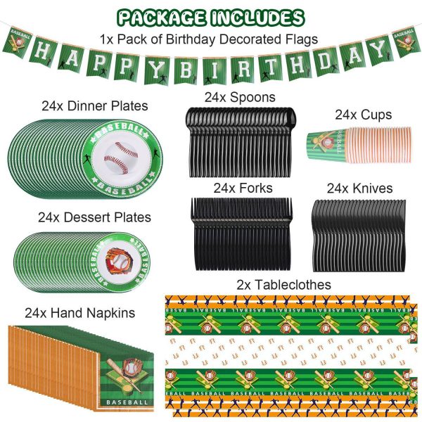 171-Piece Baseball Party Set — Serves 24, Plates/Cups/Cutlery/Napkins, Tablecloths & Birthday Banner - Image 9