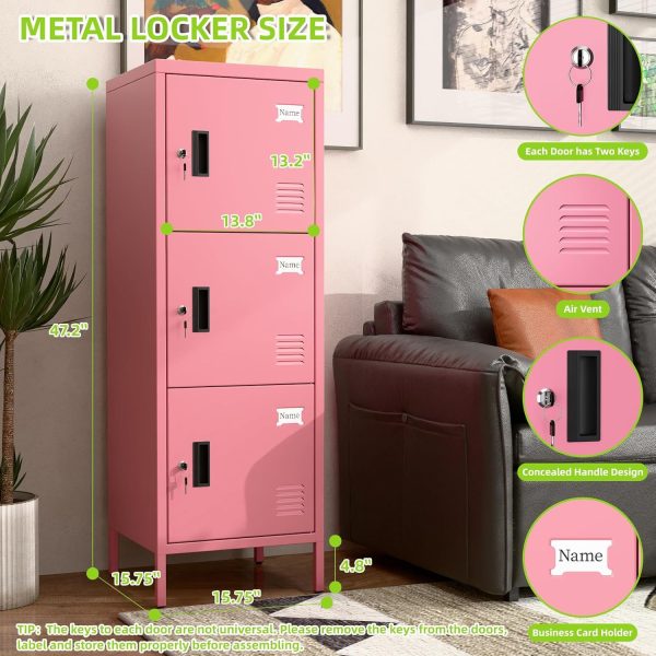 Aobabo 3-Door Steel Locker — Pink, Lockable, Name Card Slots, Metal Legs - Image 5