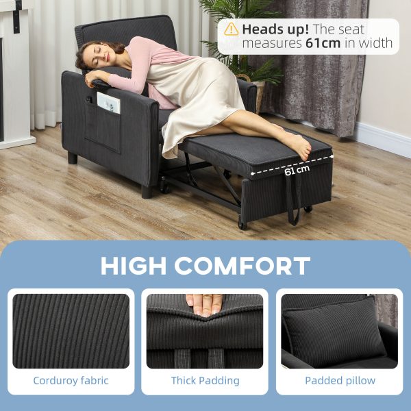 3-in-1 Corduroy Chair Bed — Pull-Out Sleeper (70.9″), 3-Position Back, Pillow & Pockets — Dark Gray - Image 6