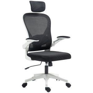Ergonomic Mesh Office Chair — Flip-Up Arms, Rotating Headrest, Adjustable Lumbar (Black/White)