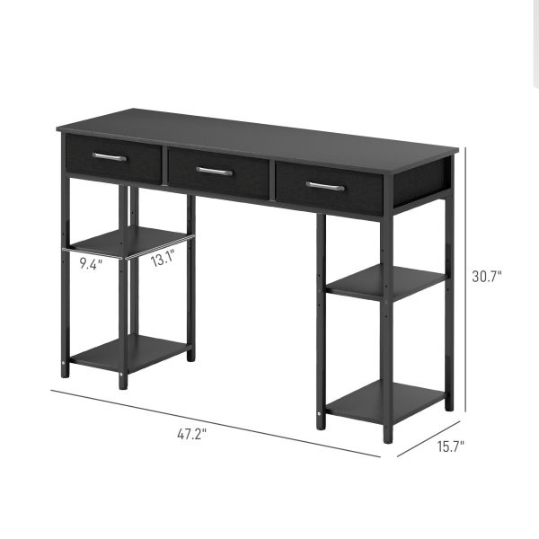 47″ Small Computer Desk — Fabric Drawers, Adjustable Shelves, Steel Frame (Black) - Image 2