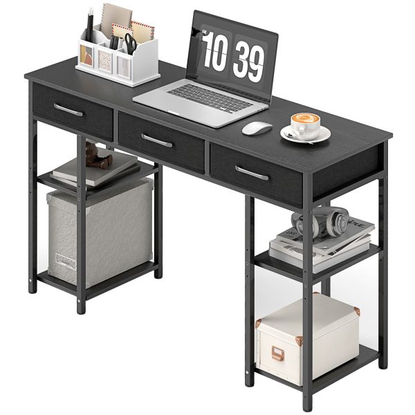 47″ Small Computer Desk — Fabric Drawers, Adjustable Shelves, Steel Frame (Black)