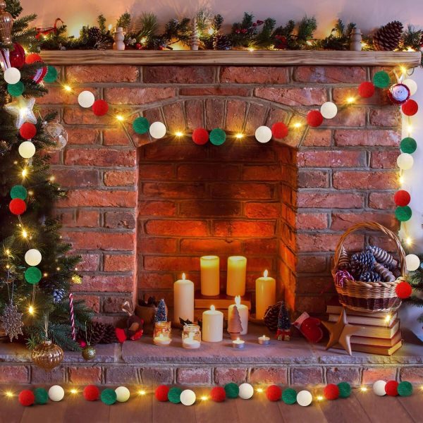 9.84 ft Felt Pom Pom Garland with Warm Lights — Red, Green & White Christmas Decoration - Image 2