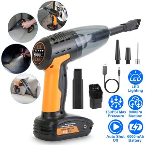 4-in-1 Cordless Car Vacuum & Tire Inflator — 150 PSI, 9 kPa Suction, LED Light, Digital Gauge