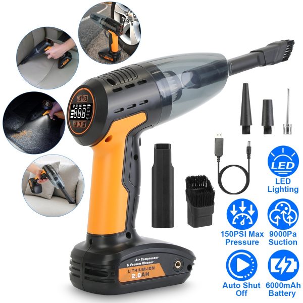 4-in-1 Cordless Car Vacuum & Tire Inflator — 150 PSI, 9 kPa Suction, LED Light, Digital Gauge