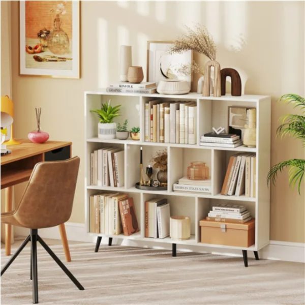 3-Tier, 10-Cube Bookcase — Modern Storage with 5 Metal Legs (White/Black) - Image 4