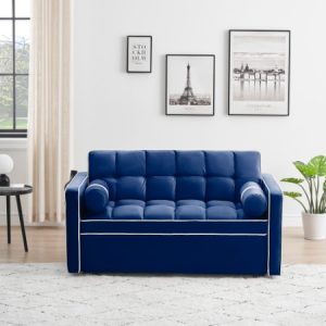 55″ Velvet Sleeper Loveseat — Pull-Out Bed, 3-Position Back, Pillows + Side Pockets (Blue)