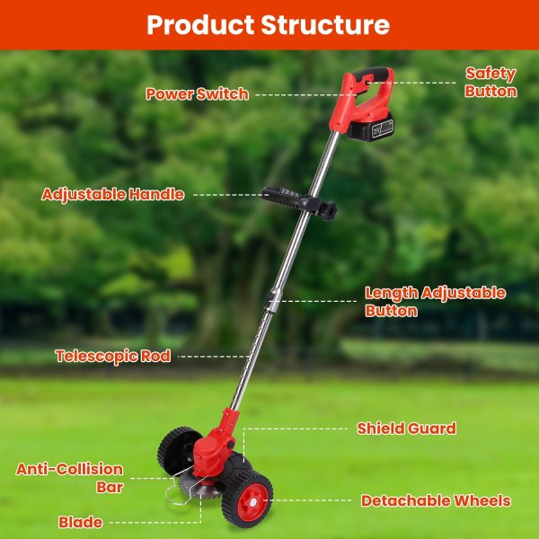 3-in-1 Cordless Weed Wacker w/ Wheels — 21V, 2×2500mAh, Adjustable Head + 3-Blade Set - Image 2