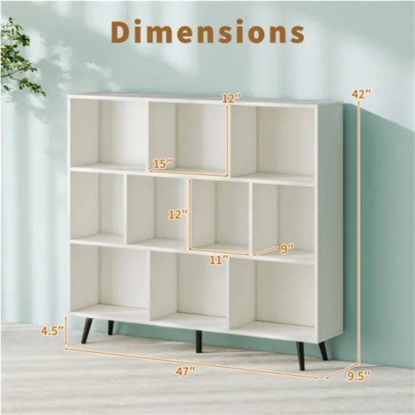 3-Tier, 10-Cube Bookcase — Modern Storage with 5 Metal Legs (White/Black) - Image 2