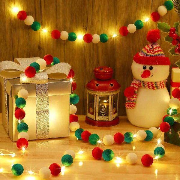 9.84 ft Felt Pom Pom Garland with Warm Lights — Red, Green & White Christmas Decoration - Image 6