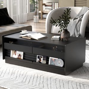 Modern Rectangular Coffee Table — 4 Drawers, 2 Shelves, Fluted Detail, Tempered Glass