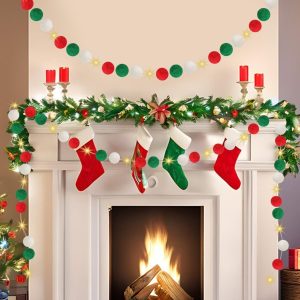 9.84 ft Felt Pom Pom Garland with Warm Lights — Red, Green & White Christmas Decoration