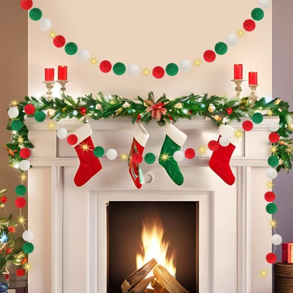 9.84 ft Felt Pom Pom Garland with Warm Lights — Red, Green & White Christmas Decoration