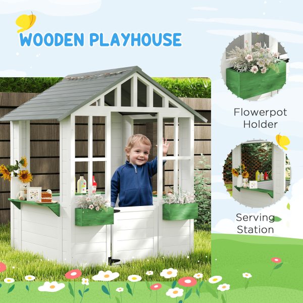 Kids Wooden Garden Playhouse — White, Windows, Flower Boxes & Working Door (Ages 3–8) - Image 4