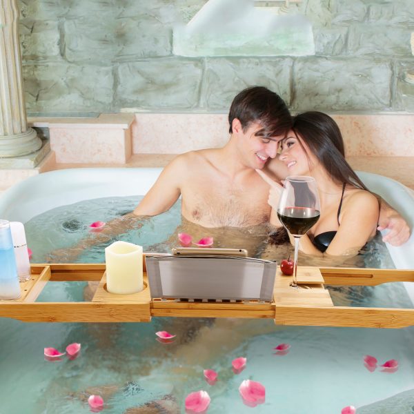 Extendable Bamboo Bath Caddy — Book/Tablet Stand, Phone & Wine Holder (27.6–41.3") - Image 10