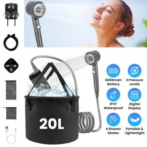 Portable Camping Shower Kit — IPX7 Pump, 6000mAh Battery, LED Temp Readout, 4-Mode Filtered Head + 5.3-Gal Foldable Bucket (GPCT5370)