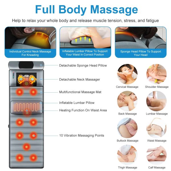 Full-Body Heated Vibration Massage Mat — 10 Motors, Kneading Neck Pillow, 3 Timers, Plush Cushion (GPCT5284) - Image 9
