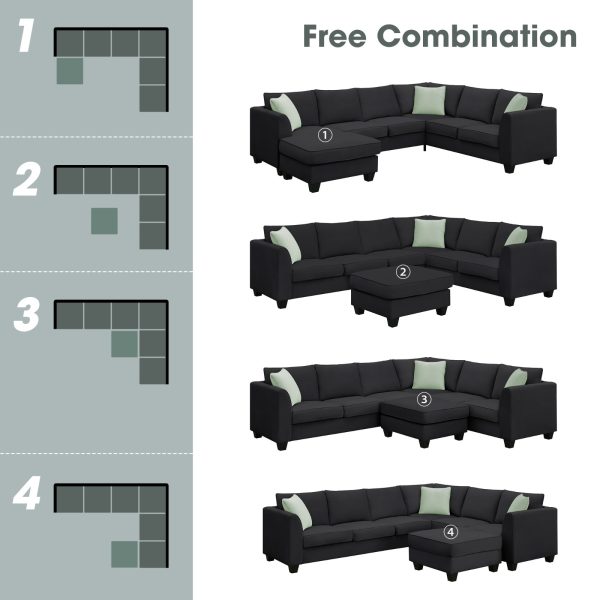 Modular Sectional 112" × 87"  — 7-Seat L-Shape with Ottoman, Reversible Layout, 3 Pillows (Black) - Image 3