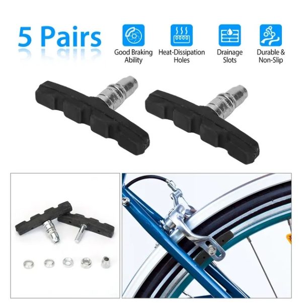 5 Pairs 70 mm V-Brake Pads — Wet-weather grooves, rim-friendly compound (L/R marked)