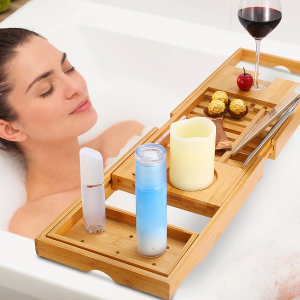 Extendable Bamboo Bath Caddy — Book/Tablet Stand, Phone & Wine Holder (27.6–41.3") - Image 4