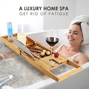 Extendable Bamboo Bath Caddy — Book/Tablet Stand, Phone & Wine Holder (27.6–41.3")