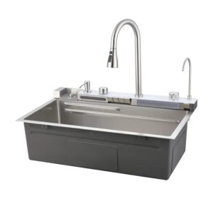 Pull-Out Faucet Single-Bowl Sink — 304 Stainless, “Waterfall” Rinse, Veggie Wash Basin