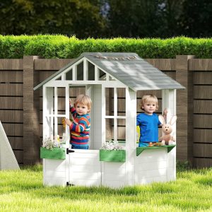 Kids Wooden Garden Playhouse — White, Windows, Flower Boxes & Working Door (Ages 3–8)