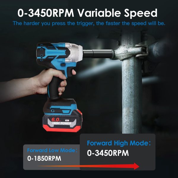 3-in-1 Cordless Impact Wrench / Drill / Driver — 500 N·m Brushless Power, 0–3450 RPM, 2×6.0Ah Batteries, LED, Sockets & Bits - Image 9