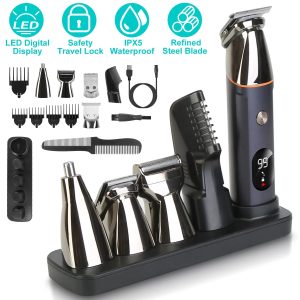 All-in-One Beard & Body Trimmer — 5 Heads, IPX5 Wet/Dry, LED Battery, 90-min Cordless Runtime