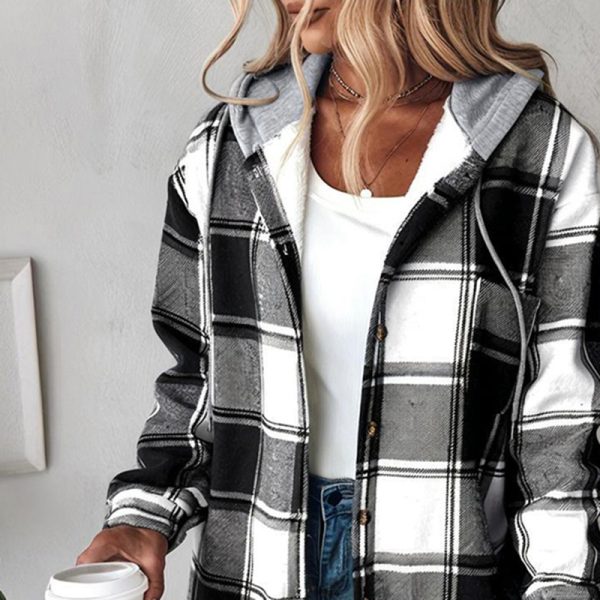 Plaid Hooded Shacket — Button Front, Drawstring, Pockets (Fall Layer) - Image 5
