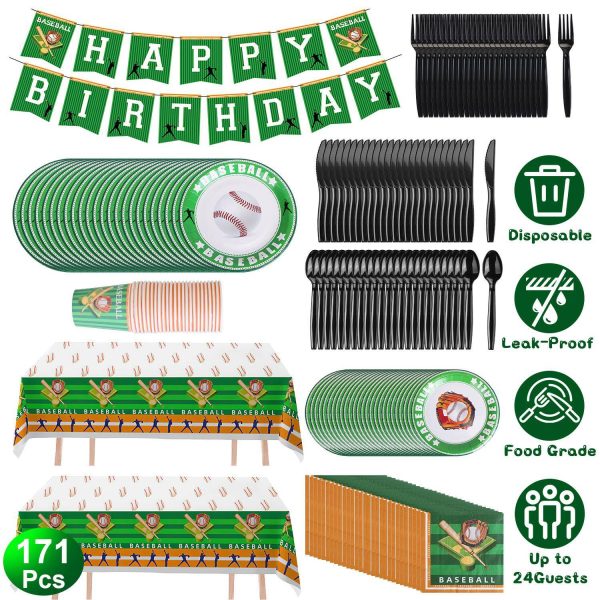 171-Piece Baseball Party Set — Serves 24, Plates/Cups/Cutlery/Napkins, Tablecloths & Birthday Banner - Image 8