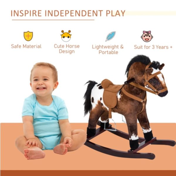 Plush Kids Rocking Horse — Wood Base, Galloping Sounds, Footrests & Saddle (Ages 3+)