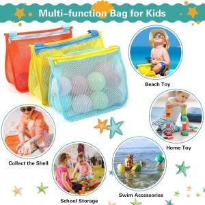 3-Pack Mesh Seashell Bags — Zippered Beach Toy Totes with Adjustable Straps