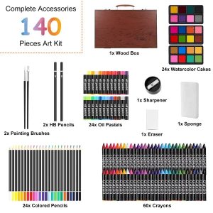 140-Piece Wooden Art Kit — Colored Pencils, Oil Pastels, Crayons, Watercolors & More