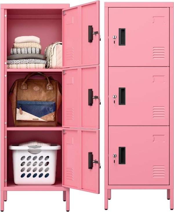 Aobabo 3-Door Steel Locker — Pink, Lockable, Name Card Slots, Metal Legs - Image 2