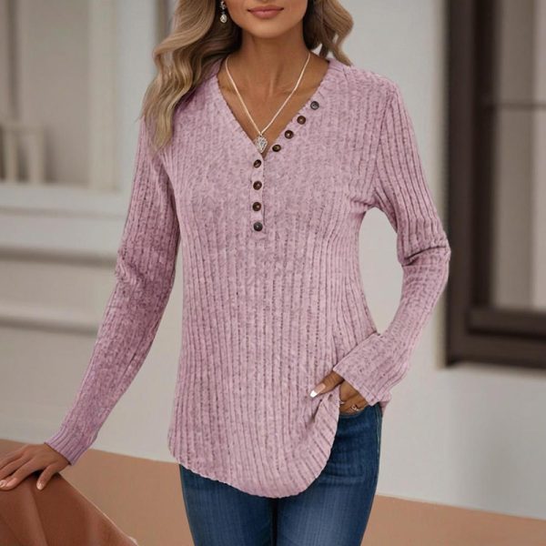 Button V-Neck Long-Sleeve Knit Top — Soft, Breathable, Everyday Comfort - Image 9
