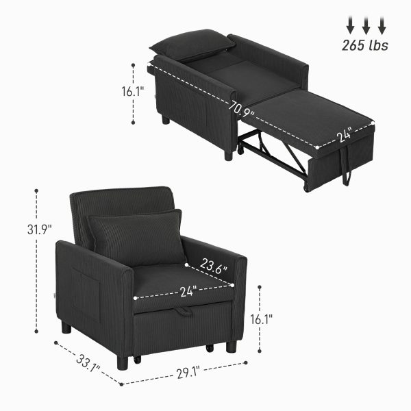 3-in-1 Corduroy Chair Bed — Pull-Out Sleeper (70.9″), 3-Position Back, Pillow & Pockets — Dark Gray - Image 2
