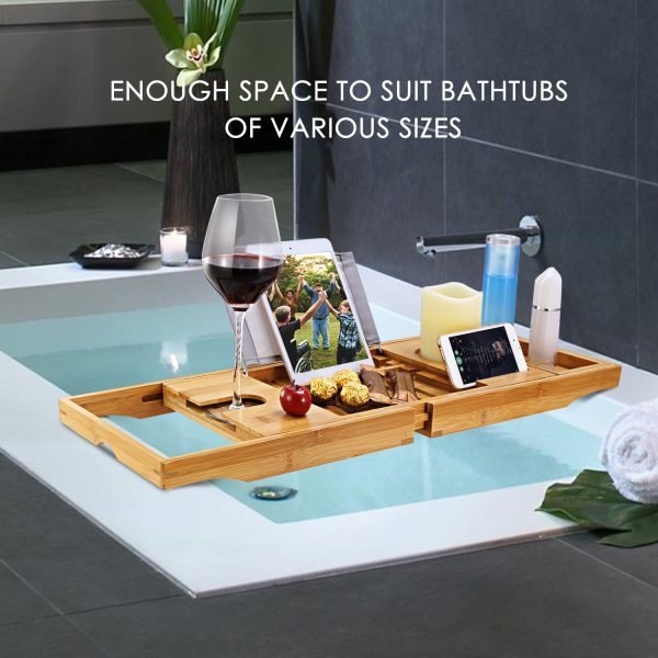 Extendable Bamboo Bath Caddy — Book/Tablet Stand, Phone & Wine Holder (27.6–41.3") - Image 5